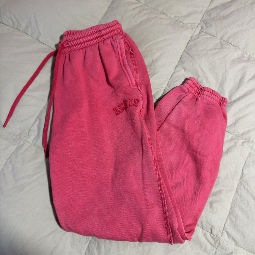 Aerie Pink Fleece Jogger Sweatpants Relaxed Fit Embroidered Logo Medium
